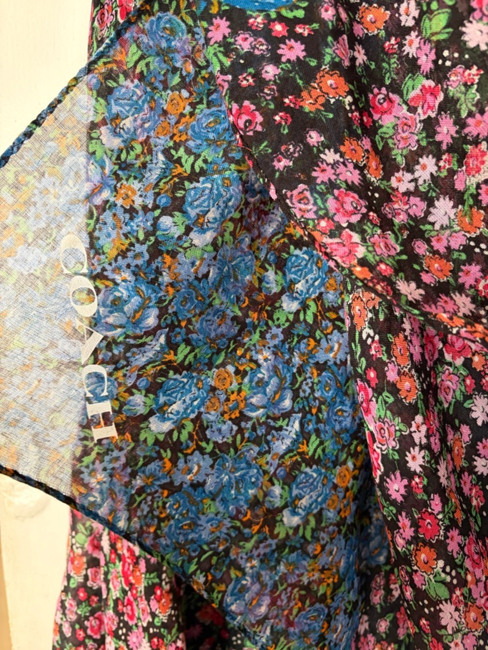 Coach Black Floral Scarf with Pink & Blue Blooms - Picture 3 of 7